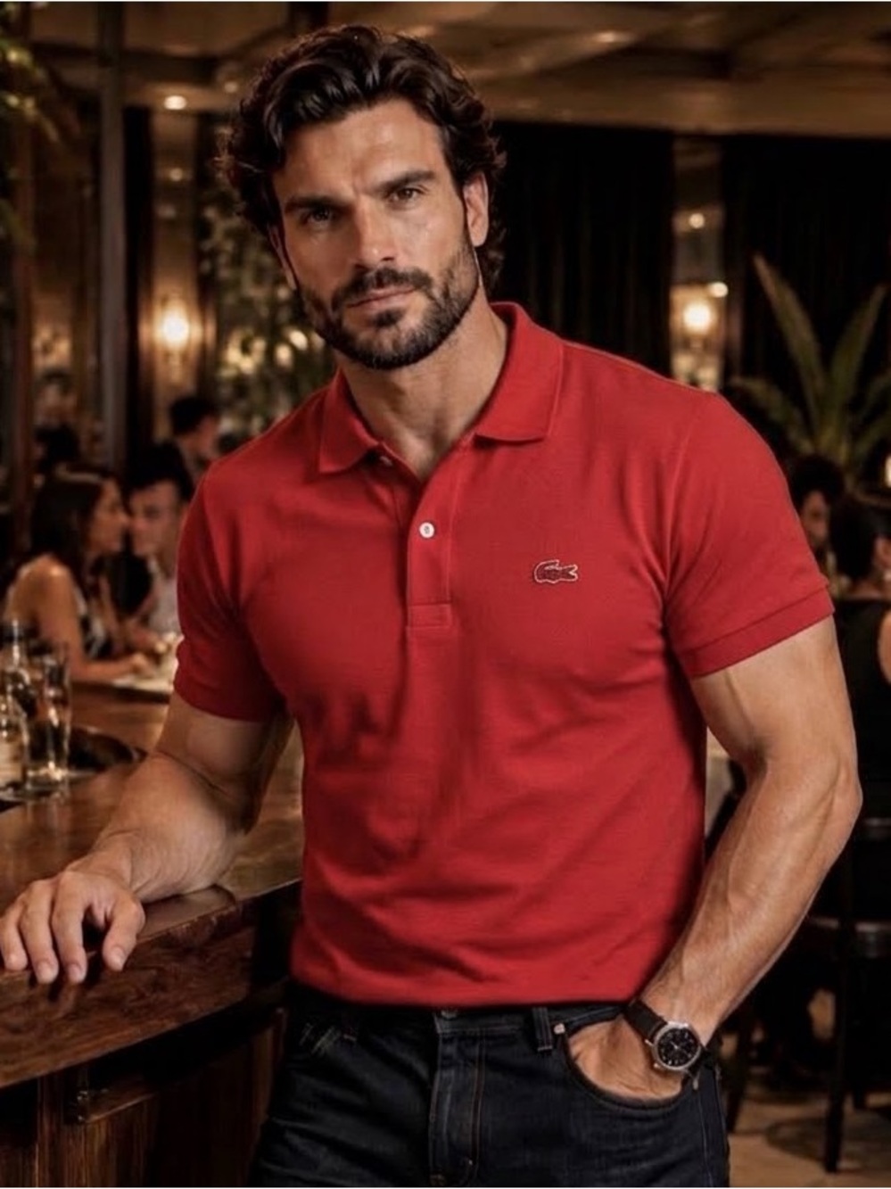 Lacoste Men's Red Short-Sleeve Pique Polo with Embroidered Croc